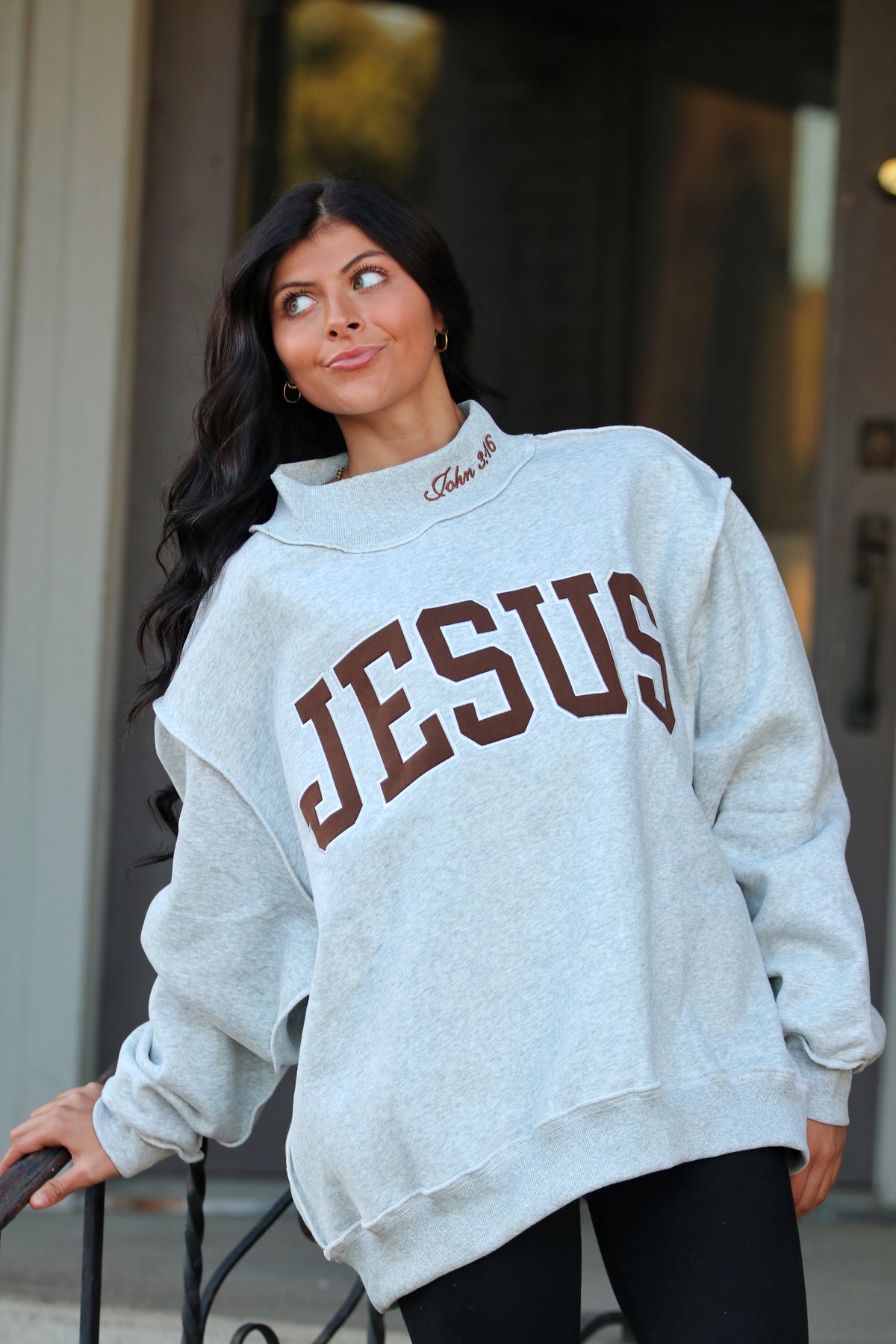 Embroidered "JESUS" Mock-neck Sweatshirt