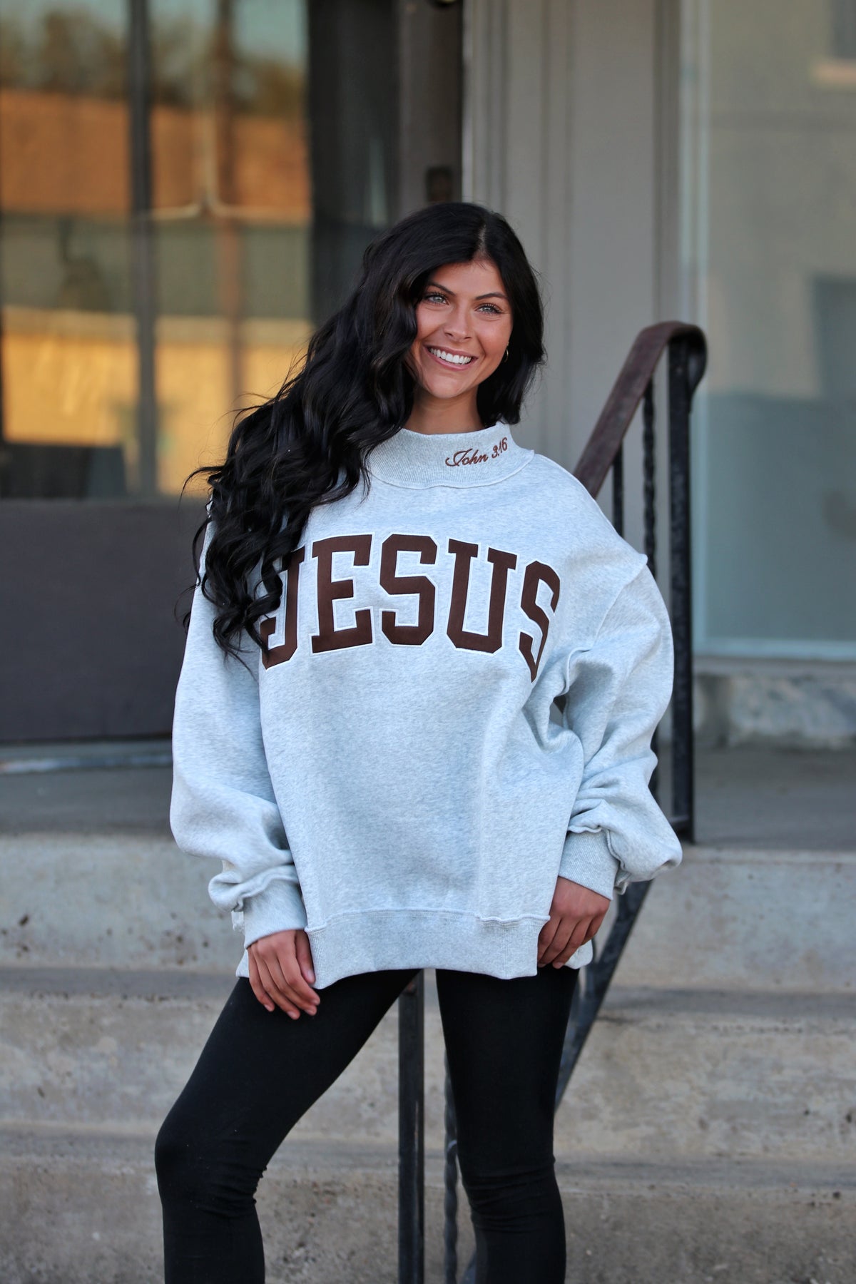 Embroidered "JESUS" Mock-neck Sweatshirt