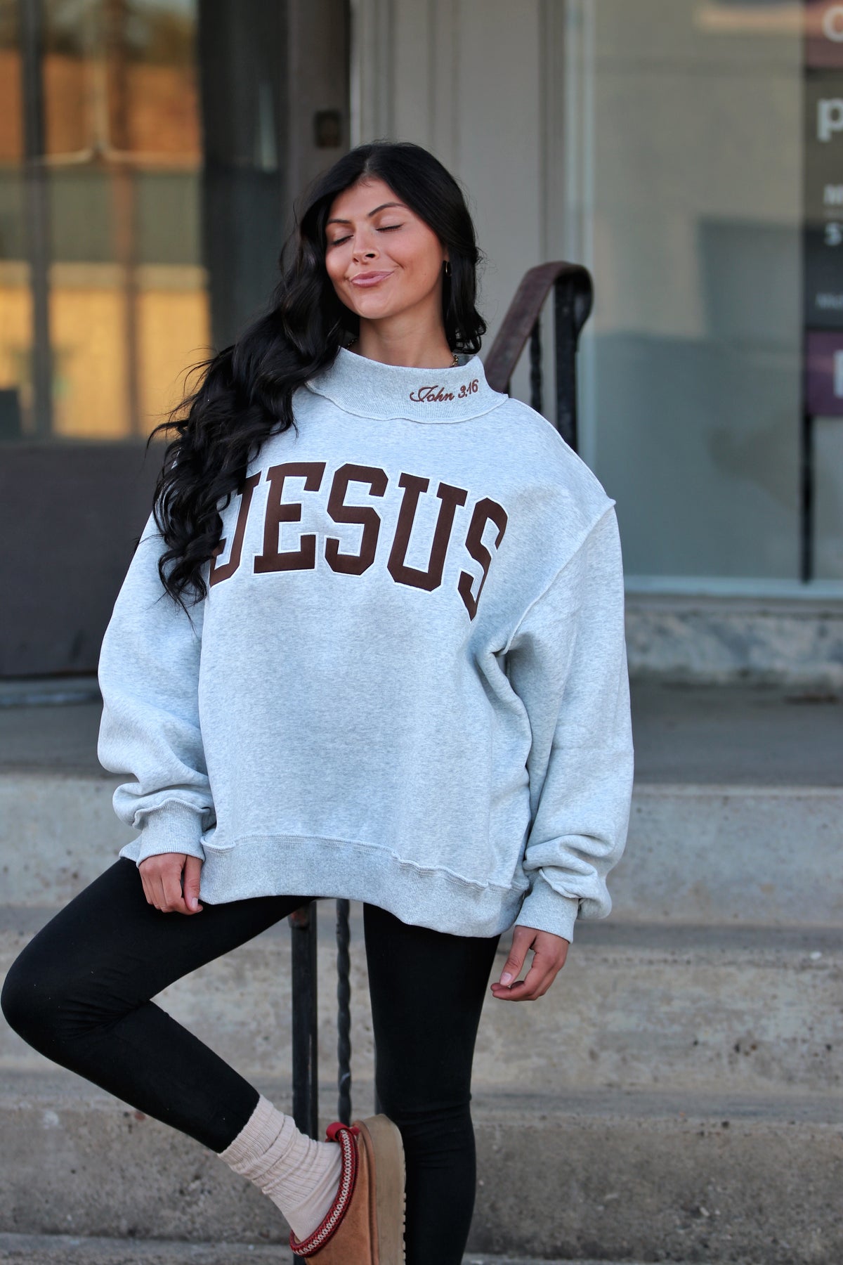 Embroidered "JESUS" Mock-neck Sweatshirt