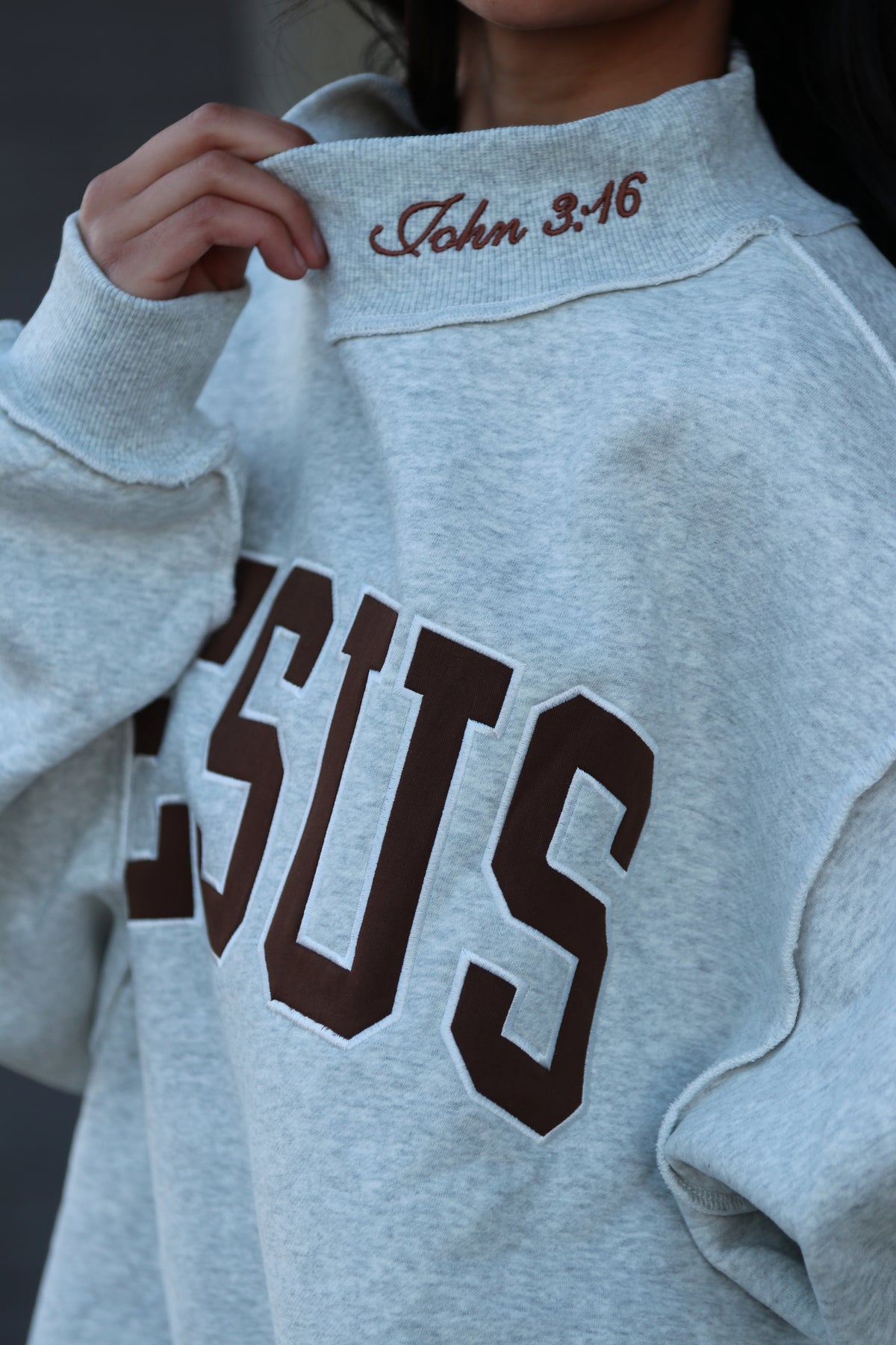 Embroidered "JESUS" Mock-neck Sweatshirt