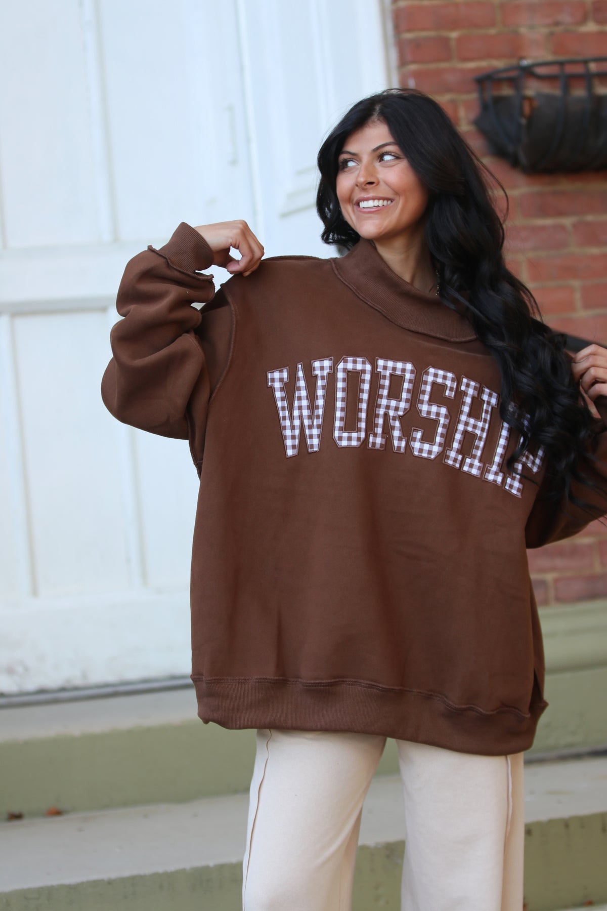 Gingham "WORSHIP" Mock Neck Sweatshirt