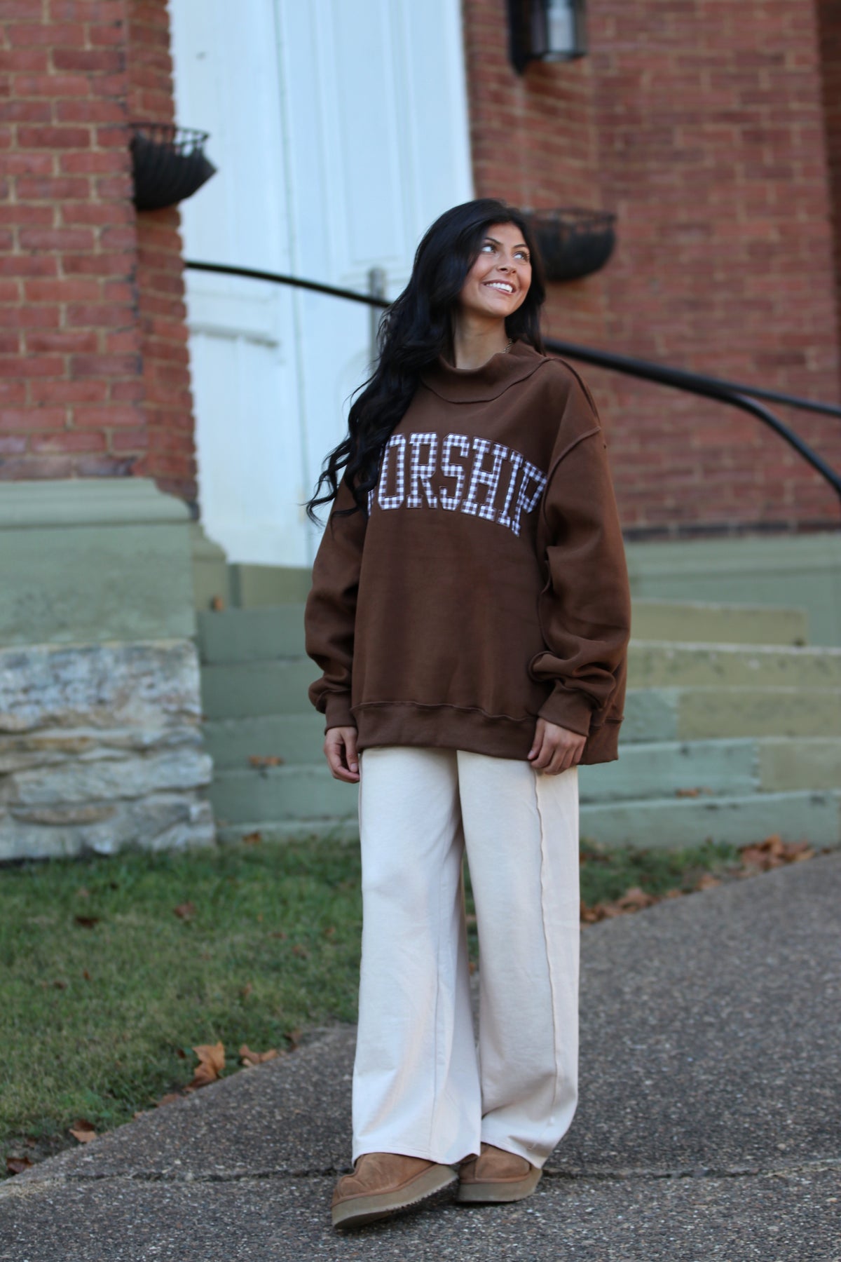 Gingham "WORSHIP" Mock Neck Sweatshirt
