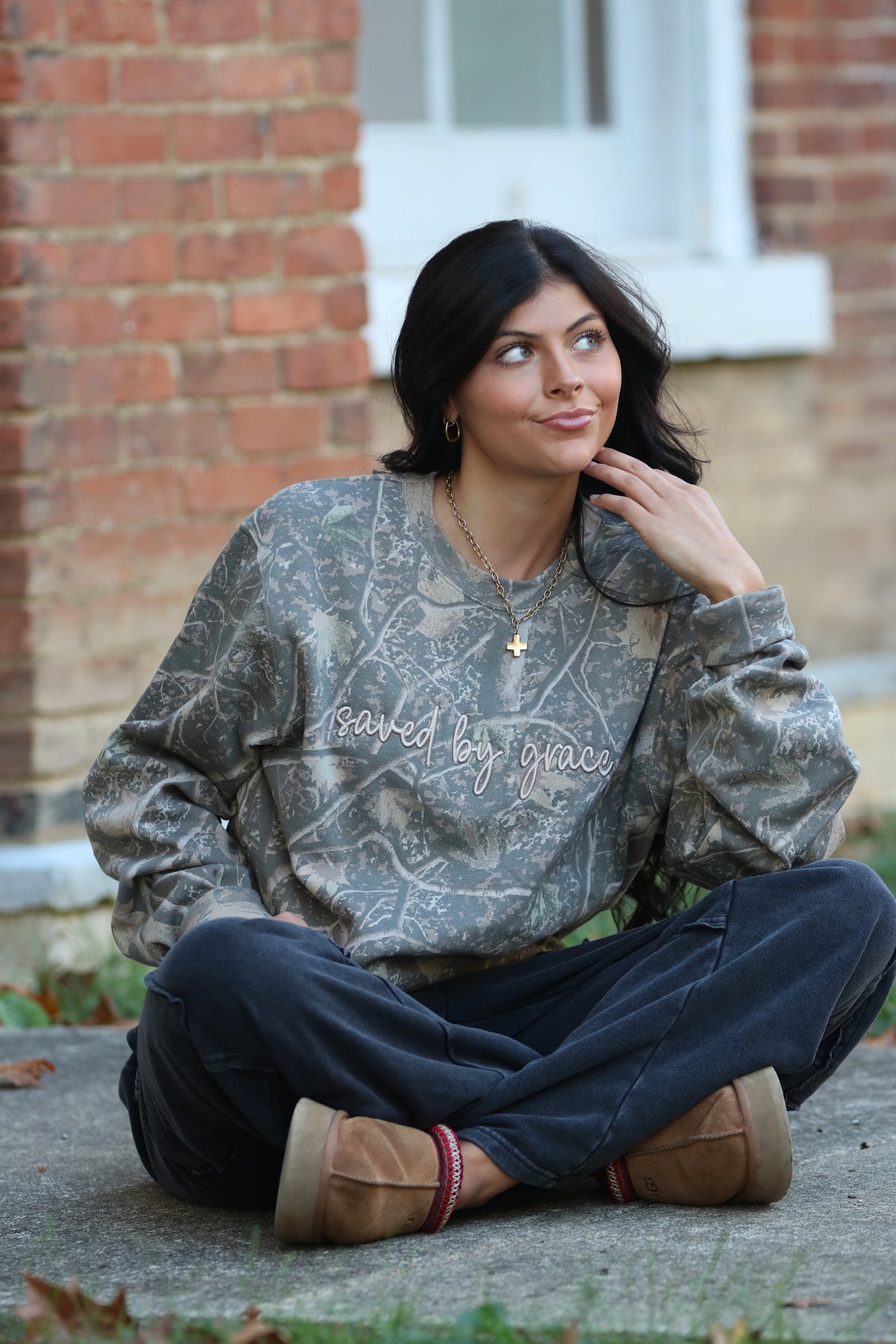 Camo Embroidered Saved By Grace Sweatshirt