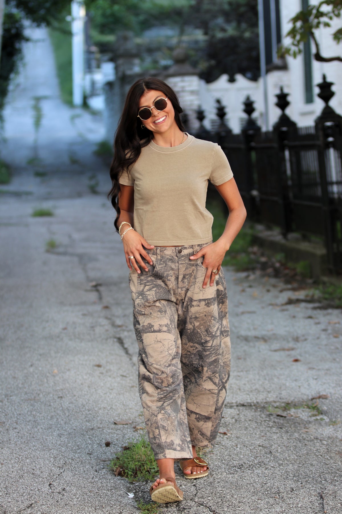 Vintage Washed Camo Leaf Print Barrel Pants