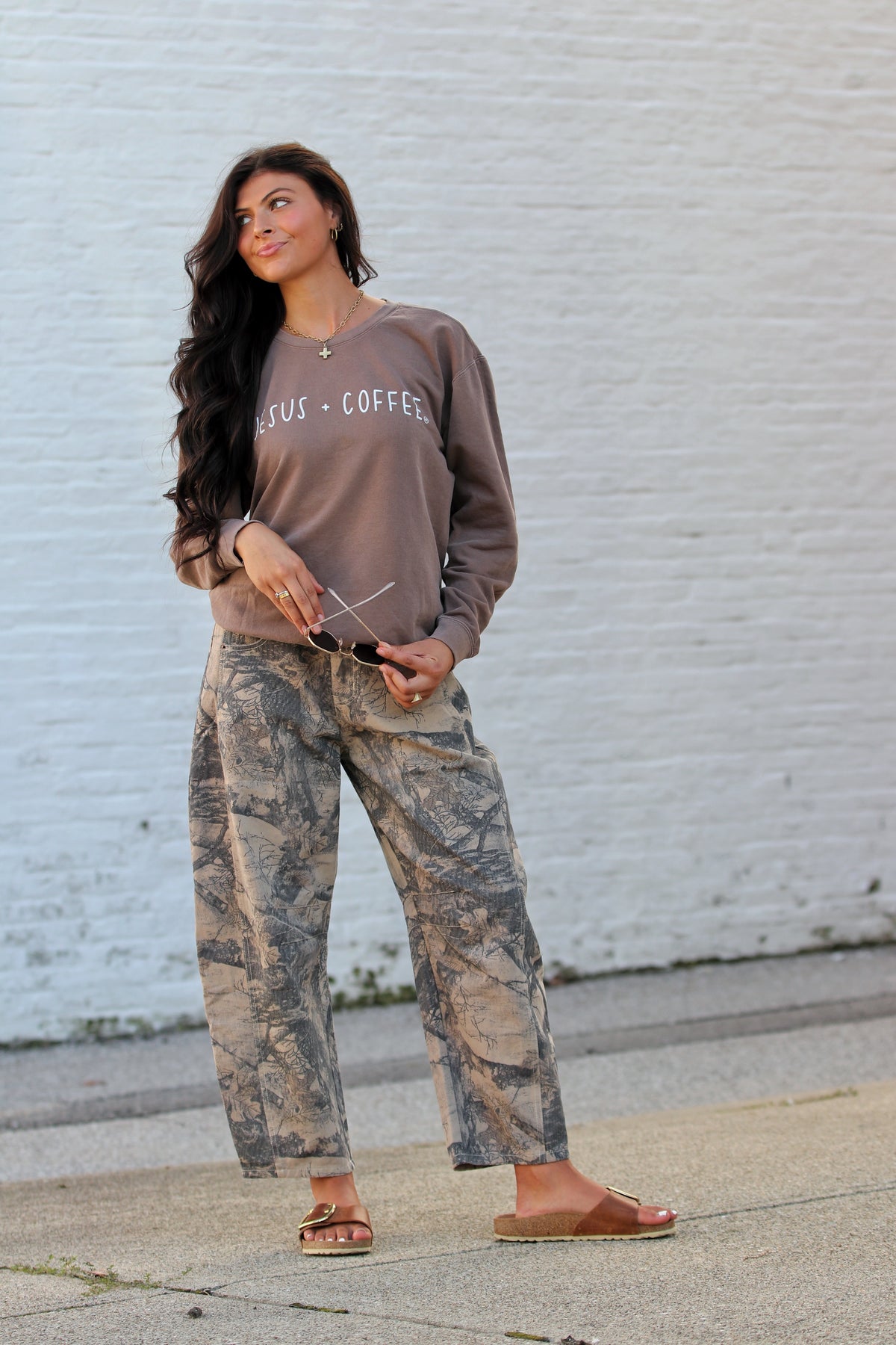 Vintage Washed Camo Leaf Print Barrel Pants