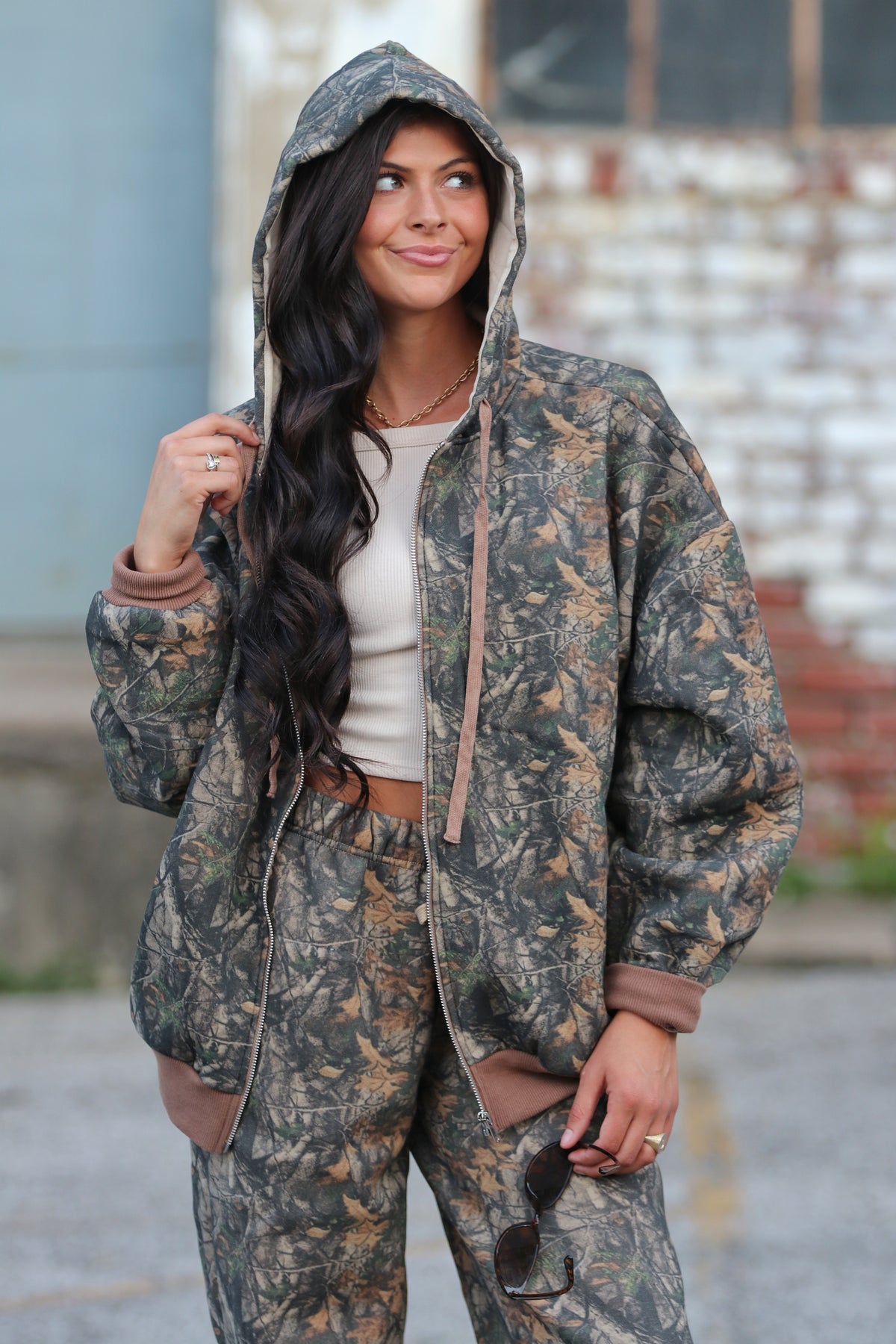 BAYOU Dark Woodland Camo Fleece Oversized ZipUp Hoodie