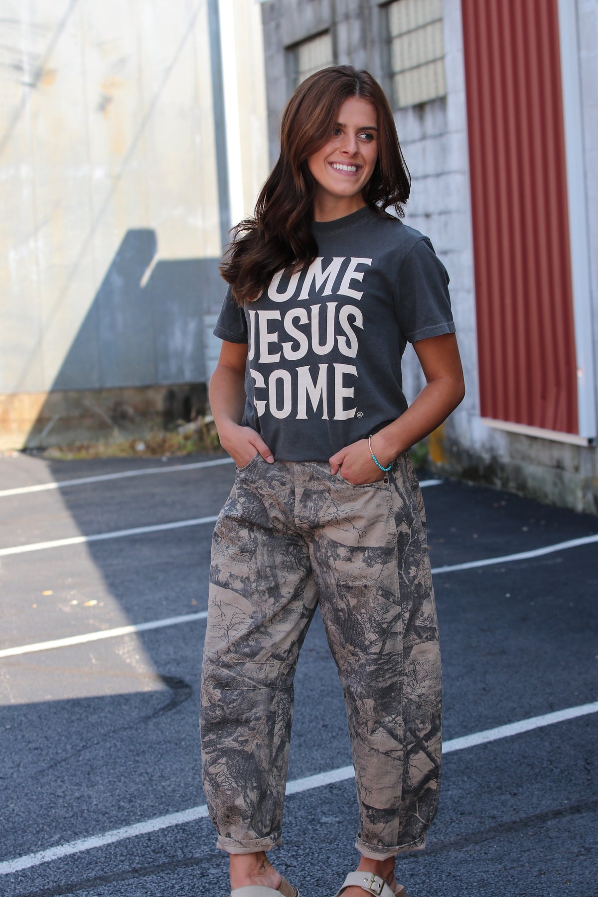 Vintage Washed Camo Leaf Print Barrel Pants