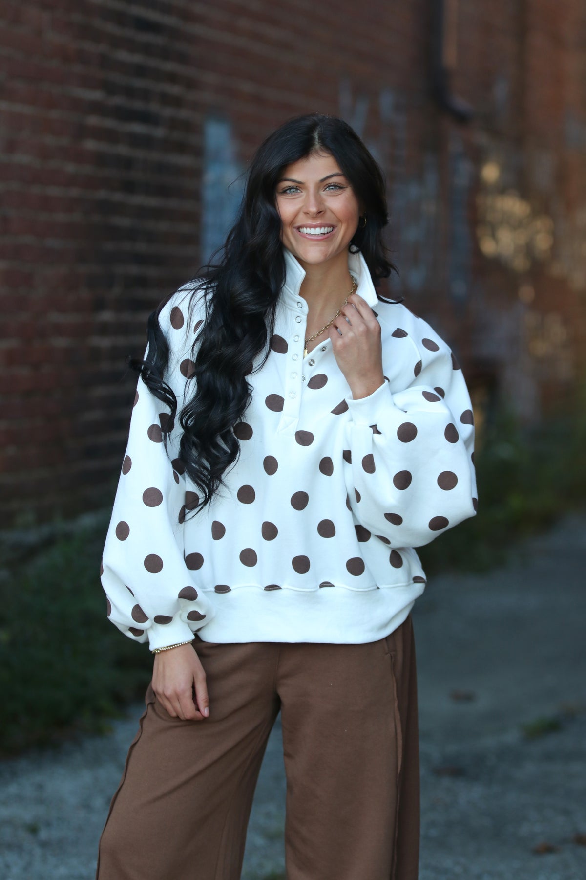Collar Half-Snap Button  Polka Dot Sweatshirt