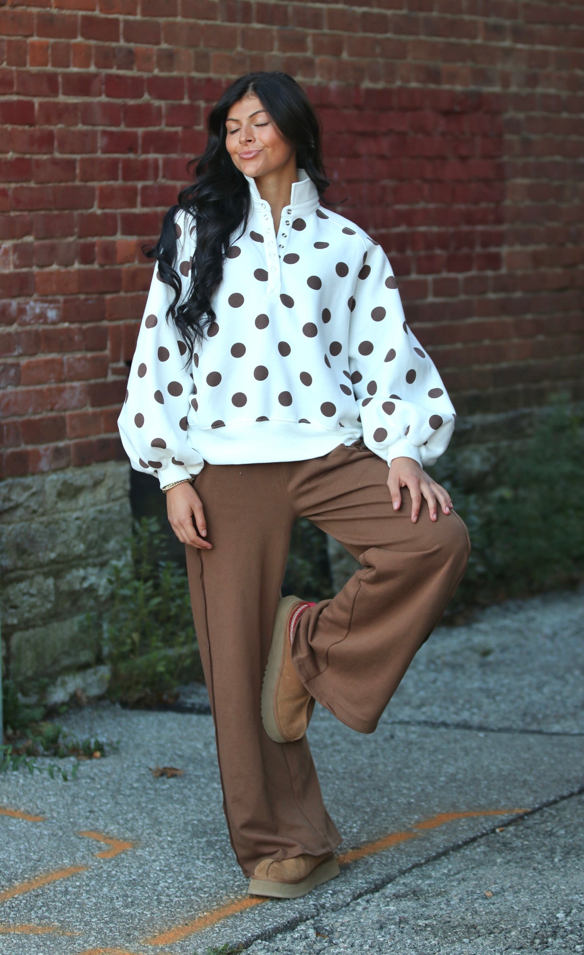 Collar Half-Snap Button  Polka Dot Sweatshirt