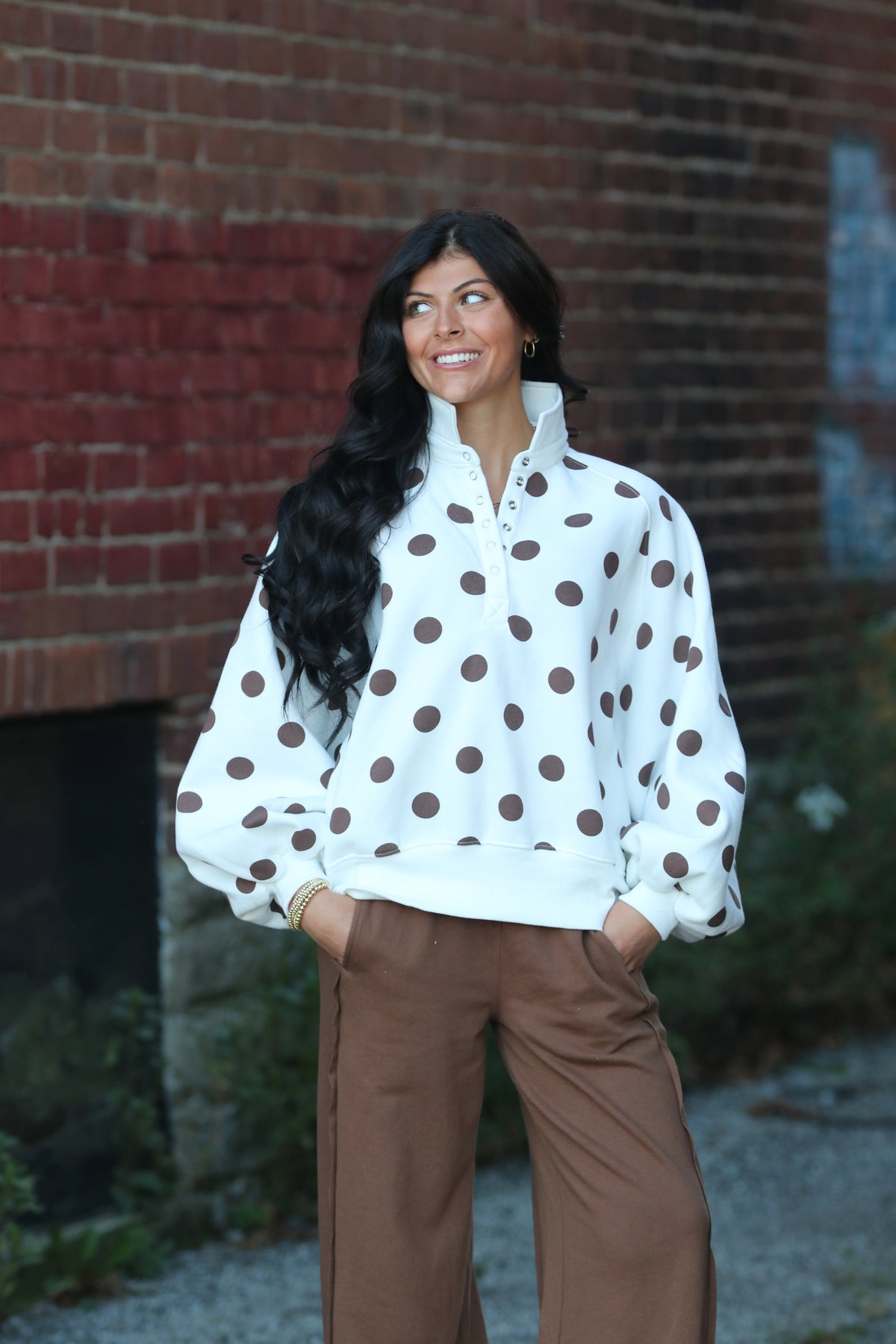 Collar Half-Snap Button  Polka Dot Sweatshirt