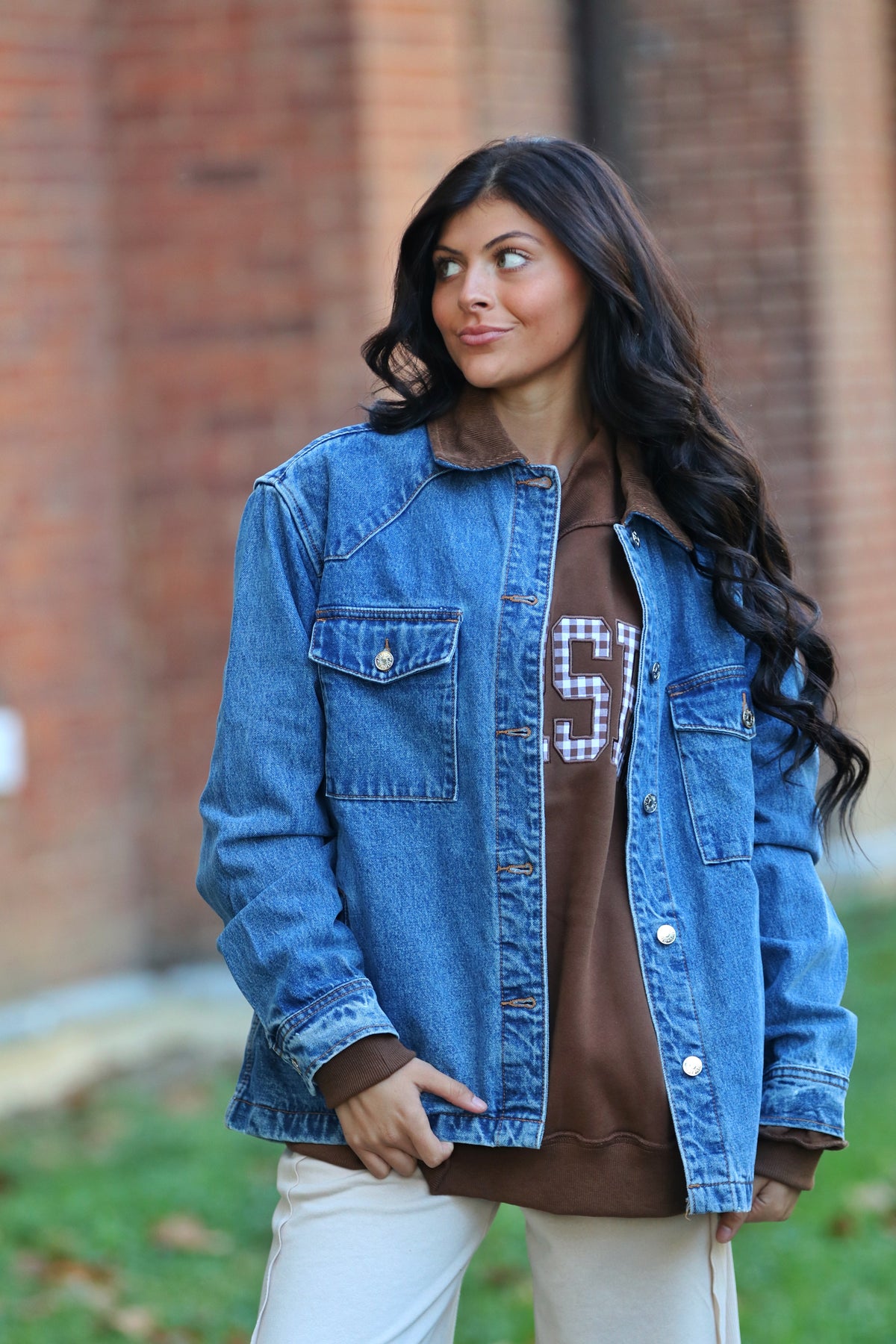 Gingham "WORSHIP" Mock Neck Sweatshirt
