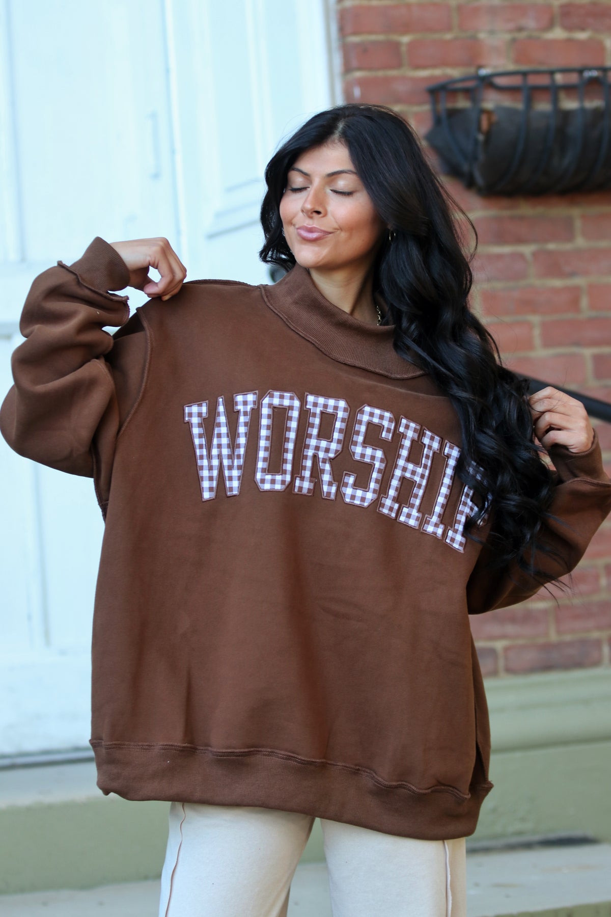 Gingham "WORSHIP" Mock Neck Sweatshirt