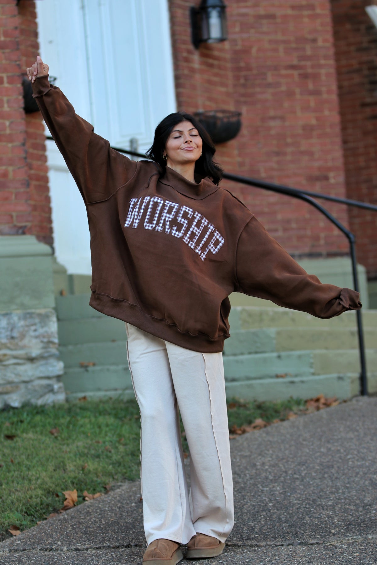 Gingham "WORSHIP" Mock Neck Sweatshirt
