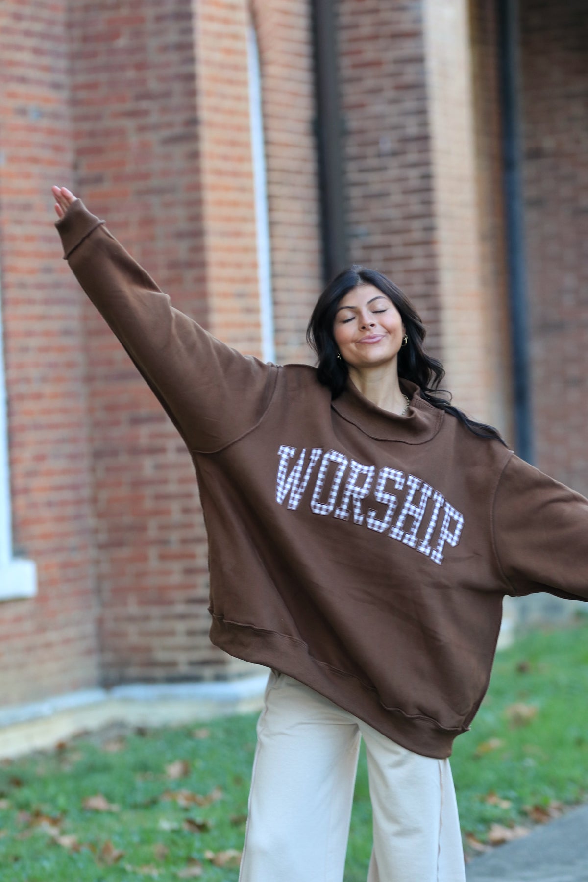 Gingham "WORSHIP" Mock Neck Sweatshirt
