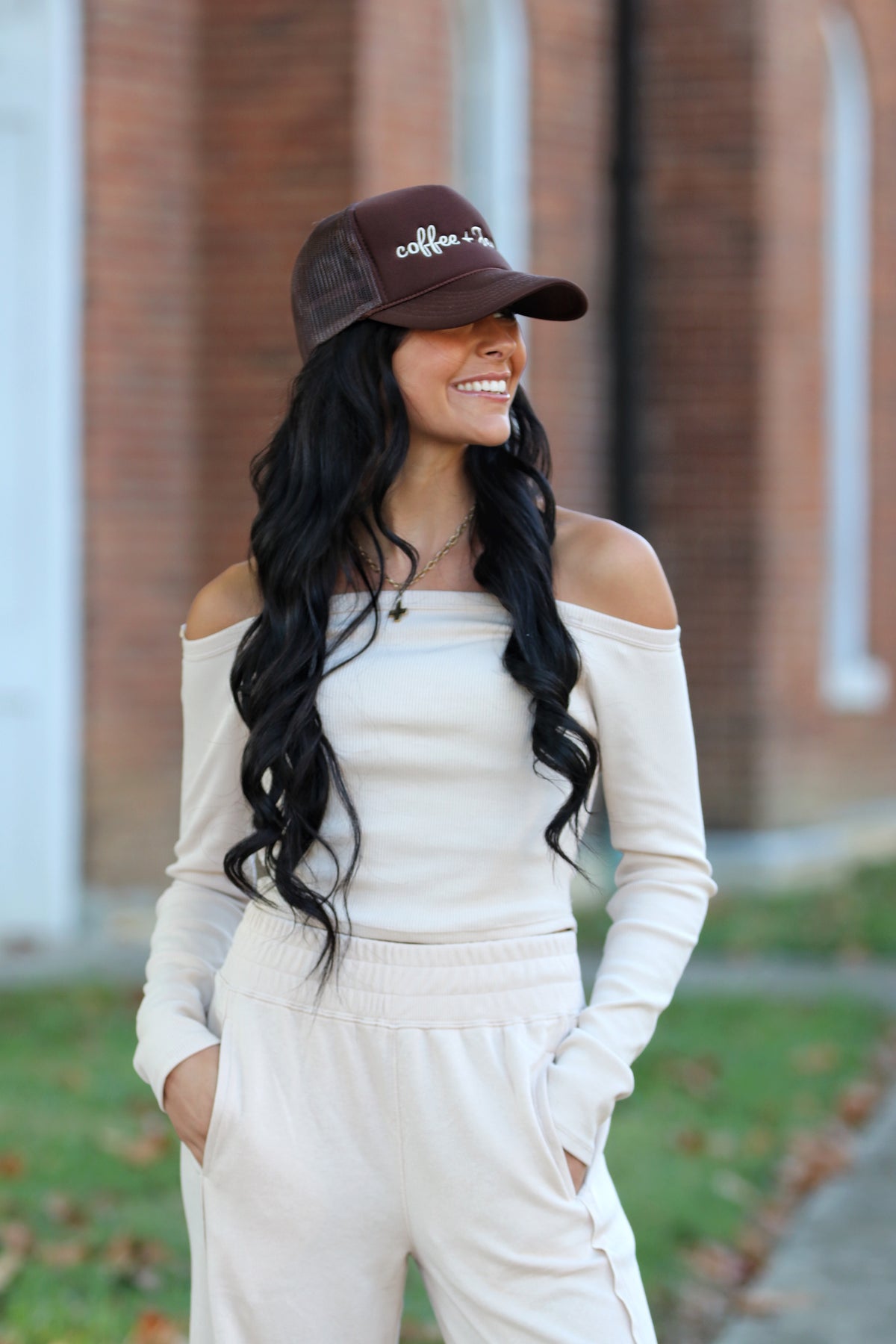 OFF-SHOULDER LONG SLEEVE CROPPED RIBBED KNIT TOP Light Khaki