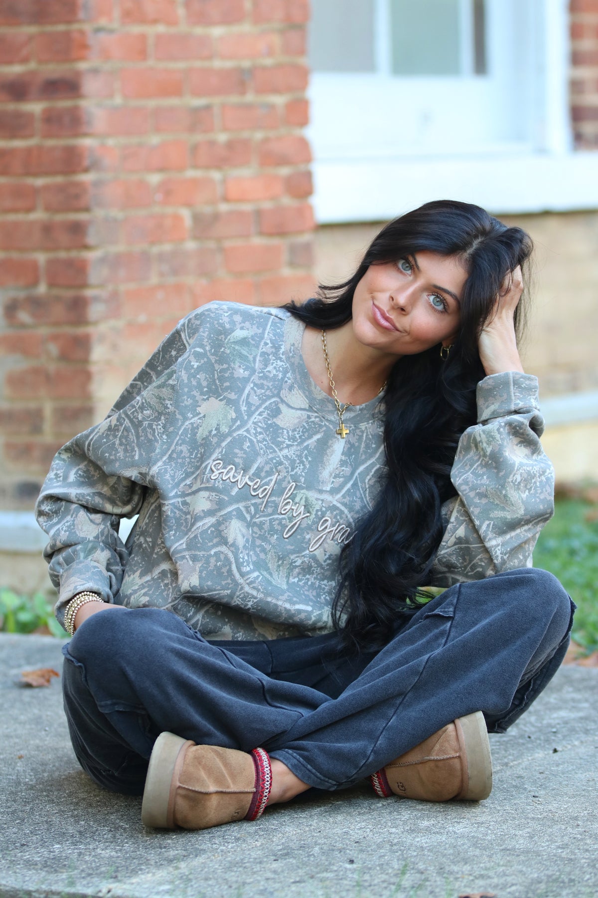 Camo Embroidered Saved By Grace Sweatshirt