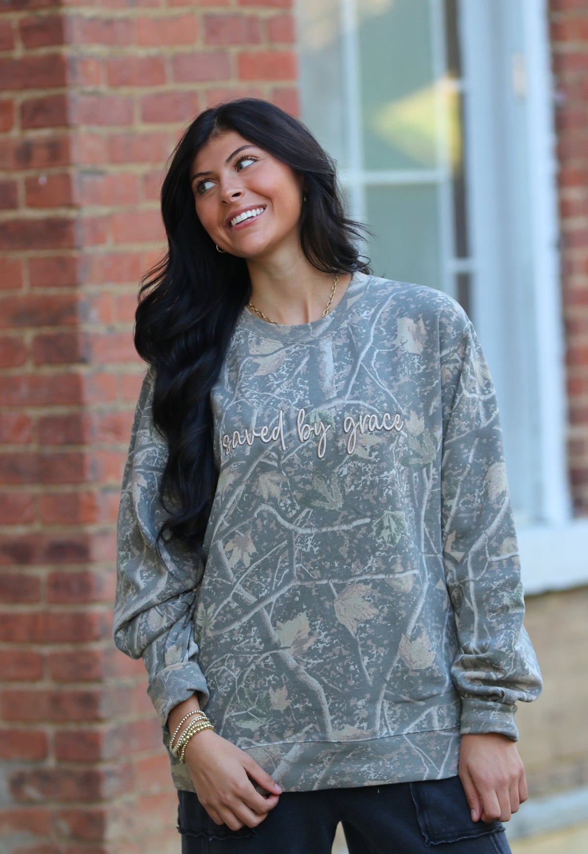 Camo Embroidered Saved By Grace Sweatshirt